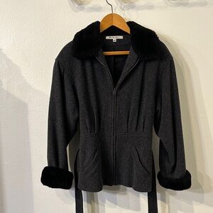 VTG 100% wool tie belt Dark Grey black fleece trim Women's full zip Jacket